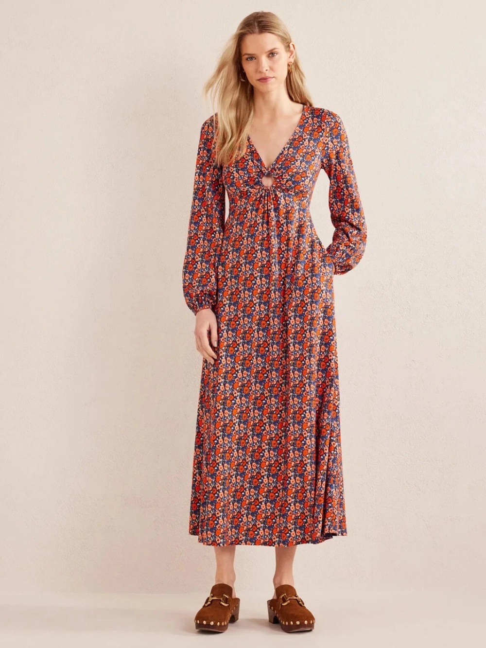 Boden key hole jersey floral maxi dress long sleeve